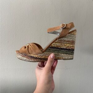 Alfani Green Tan Suede Woven Peep Toe Wedges Sandals size 10 Garden Party